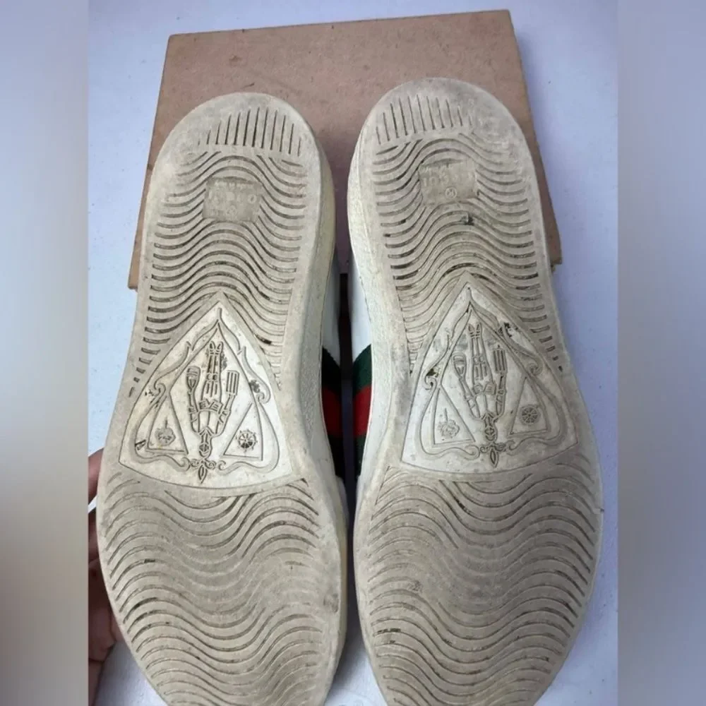 Mens Gucci Ace Embroidered Low Top Sneaker White Leather Snake Size 8 Used
